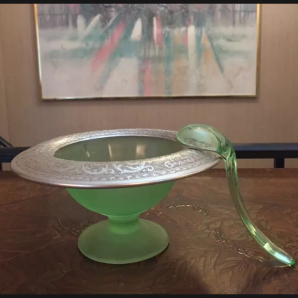 Vintage Green Glass Silver Plate Footed Bowl With Matching Spoon